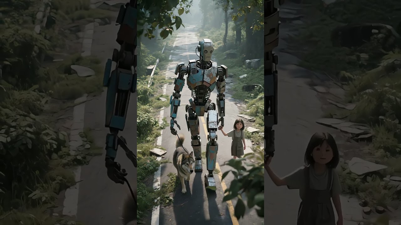 After the rain stopped and the sky cleared, the robot led the dog and the little girl.